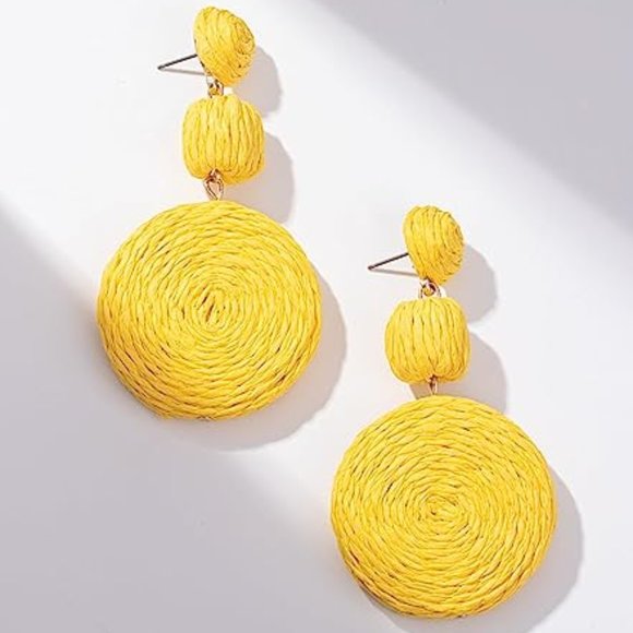 Chunky Yellow Rattan Earrings Wicker Bold Statement Raffia Dangle 80s Retro New - Picture 5 of 8